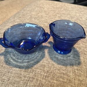 VTG Moderntone Creamer & Open Sugar Set 2 pc Cobalt Blue Hazel Atlas Gla…